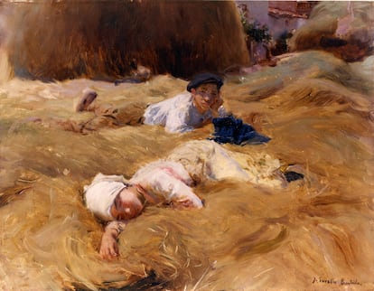 'La siesta, Asturias' (1903), óleo de Sorolla en el que representa dos niños exhaustos después de trabajar amontonando heno.