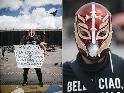 Detrás de una máscara escarlata de lucha libre mexicana, Juan Manuel Cristancho, un profesor de teatro de 41 años, explica con elocuencia que la usa como una manera de construir un símbolo. “Significa la lucha. La Educación es una lucha contra los diferentes tipos de pobreza: espiritual, económica, social. Soy hijo de la Educación, no de la herencia, y eso me ha permitido viajar a diferentes lugares del mundo, creo que acceder a eso es un derecho fundamental”. Trabaja en un colegio del sur de Bogotá, pero no pertenece a los sindicatos de maestros. “No marcho solo por una causa, me vinculo a las múltiples causas que en este momento se hacen visibles”, apunta. “No es una lucha obrera solamente. Es una lucha de comunidades LGBT, campesinas, de los camioneros, de jóvenes, de feministas. Al no ser una marcha de un solo gremio esto requiere de una Torre de Babel en la cual se escuchen a todas esas lenguas que están hablando. La solución es escucharse”.