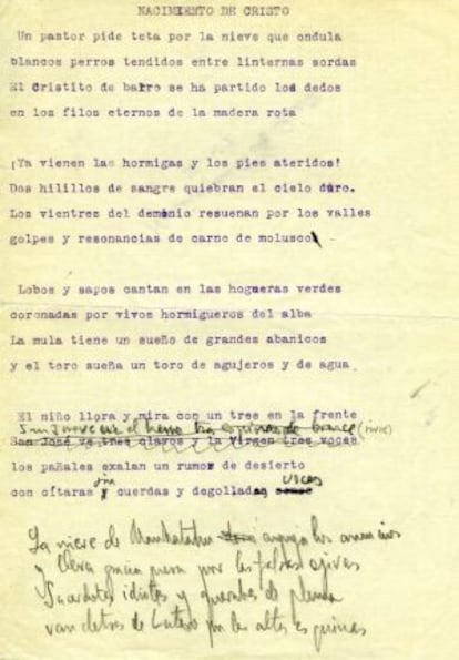 Apuntes manuscritos de Lorca sobre 'Nacimiento de Cristo'.