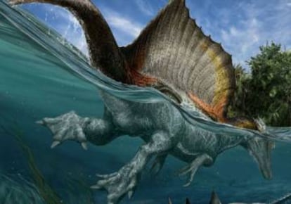 Ilustración del enorme espinosaurio, nadando y capturando grandes peces.