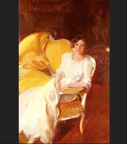 'Clotilde sentada en el sofá'. Este cuadro es uno de los pocos que proceden de España y que no se vendió o se pintó en EE UU, sin embargo, está en la muestra porque con esta obra, la crítica estadounidense consideró que Sorolla había superado a John Singer Sargent.