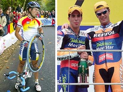 Óscar Freire, desolado, tras la rotura de la bicicleta que le impidió disputar el triunfo a Cipollini. En cambio, Toni Elías y Fonsi Nieto celebran con cava su doblete en los 250cc de Malaisia.