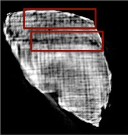 Esta imagem por tomografia computadorizada permite aos especialistas ler a sequência de letras no alfabeto grego PIPTOIE (acima) e EIPOI (abaixo).