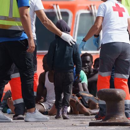 GRAFCAN7790. ARONA (TENERIFE) (ESPAÑA), 16/04/2024.- La salvamar Alpheratz ha rescatado en la costa de Tenerife un cayuco con 91 personas a bordo ( 44 hombres, 17 mujeres y 30 menores) y los ha acompañado al puerto de Los Cristianos, en el sur de la isla. EFE/Ramón de la Rocha