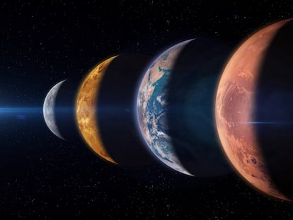 Una vista de los planetas Mercurio, Venus, la Tierra y Marte desde el espacio.