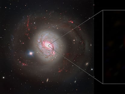 This handout image released by The European Southern Observatory (ESO) on February 16, 2022, shows, in the left panel, a view of the active galaxy Messier 77 captured with the FOcal Reducer and low dispersion Spectrograph 2 (FORS2) instrument on ESO�s Very Large Telescope, and, in the right panel, a blow-up view of the very inner region of this galaxy, its active galactic nucleus, as seen with the MATISSE instrument on ESO�s Very Large Telescope Interferometer. - For the first time, astronomers have a detailed image of an active galactic nucleus, the structure of dust and gas surrounding a supermassive black hole, allowing a better understanding of the functioning of these objects which are among the most luminous in the Universe. The brightness of this nucleus largely eclipses that of the galaxy NGC1068, also called M77, at the centre of which it is. Discovered more than two centuries ago, it is only now that astronomers led by Violeta Gamez-Rosa, from the Dutch University of Leiden, unveil its core in great detail, in a study published in Nature. (Photo by European Southern Observatory / AFP) / RESTRICTED TO EDITORIAL USE - MANDATORY CREDIT "AFP PHOTO / EUROPEAN SOUTHERN OBSERVATORY / Violeta Gamez Rosas, Walter Jaffe et al." - NO MARKETING - NO ADVERTISING CAMPAIGNS - DISTRIBUTED AS A SERVICE TO CLIENTS