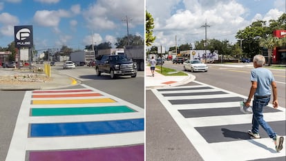 Cebra frente a Pulse, uno de los lugares más importantes para la comunidad LGBTQ en Orlando, Florida. A la izquierda, en 2017 y a la derecha, el 21 de agosto.