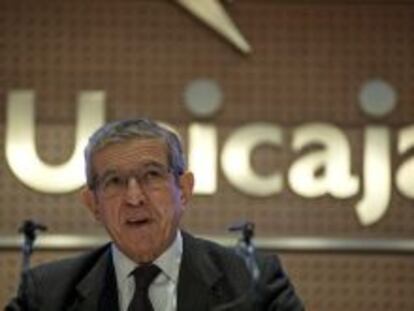 El presidente de Unicaja Banco, Braulio Medel, hoy en la presentaci&oacute;n de resultados de la entidad en M&aacute;laga. 