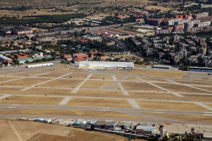 An image taken from the air of the stage for the pope's visit this week, in the airfield at Cuatro Vientos.