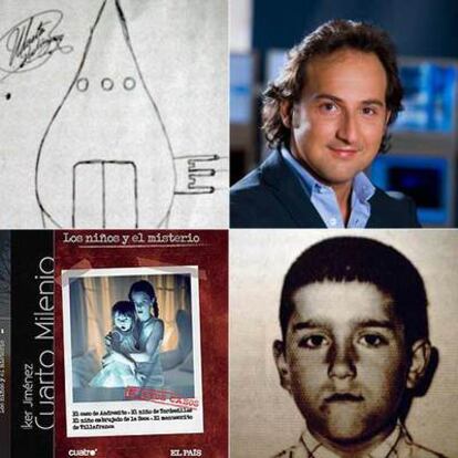 El presentador de <i>Cuarto Milenio,</i> Iker Jiménez y dibujo del objeto volador realizado por Martín . Abajo, el niño de Tordesillas, Martín, en la época en que fue atacado por un ovni, y la portada del libro-DVD,<i> Los niños y el misterio.</i>