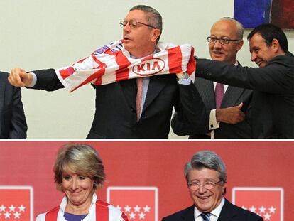 El alcalde Alberto Ruiz-Gallardón y la presidenta de la Comunidad, Esperanza Aguirre, se ponen la camiseta rojiblanca en compañía, en ambos casos, de Enrique Cerezo.