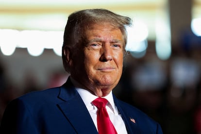 Former U.S. President and Republican presidential candidate Donald Trump looks on as he holds a campaign rally in Erie, Pennsylvania, U.S., July 29, 2023.