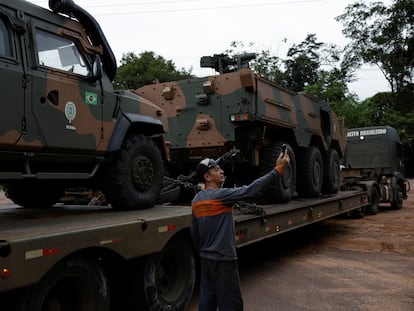 Brazil's army moves armored vehicles from Manaus to Boa Vista to reinforce the border with Venezuela and Guyana, in Manaus Brazil, February 2, 2024.
