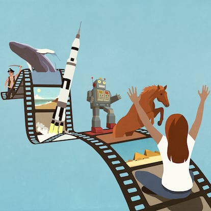 Excited woman enjoying nature and science images on film reel