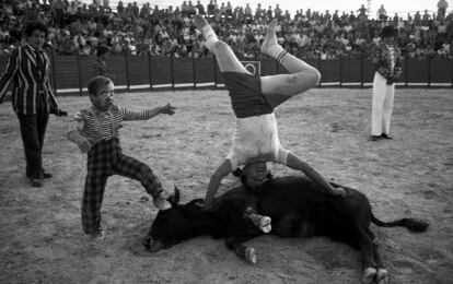 Espectáculo cómico taurino en Villanueva del Campo (Zamora) en 1981. Estas parodias recibían el nombre de charlotadas, que se pudieron ver por primera vez en la plaza de Las Arenas, de Barcelona, en 1916.