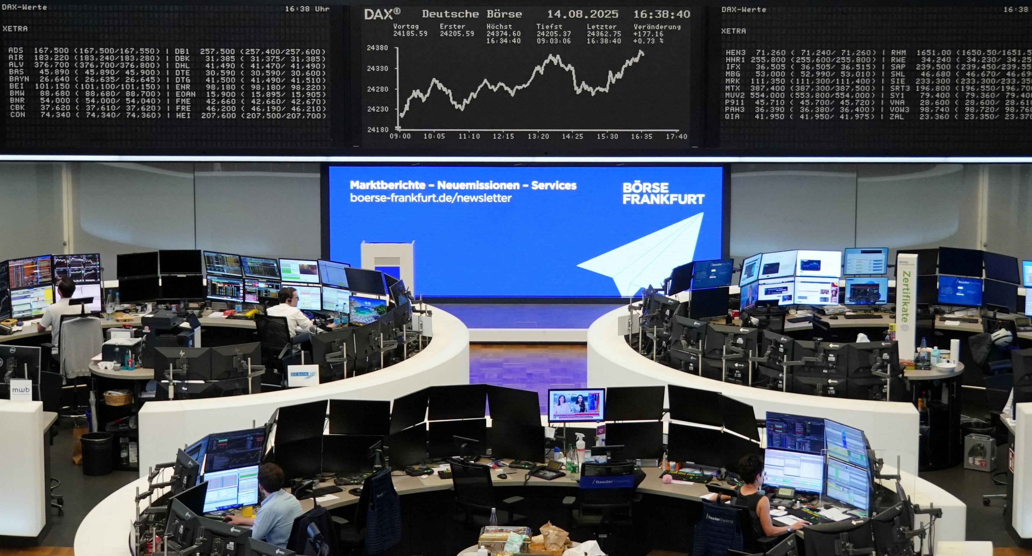 The German share price index DAX graph is pictured at the stock exchange in Frankfurt, Germany, August 14, 2025. REUTERS/staff