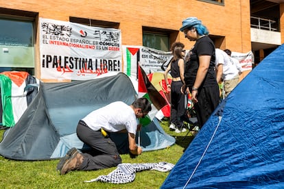 Varios estudiantes montan una tienda de campaña en las inmediaciones de la Casa de Estudiantes de la Universidad Complutense de Madrid contra la guerra en Gaza, el 8 de mayo.