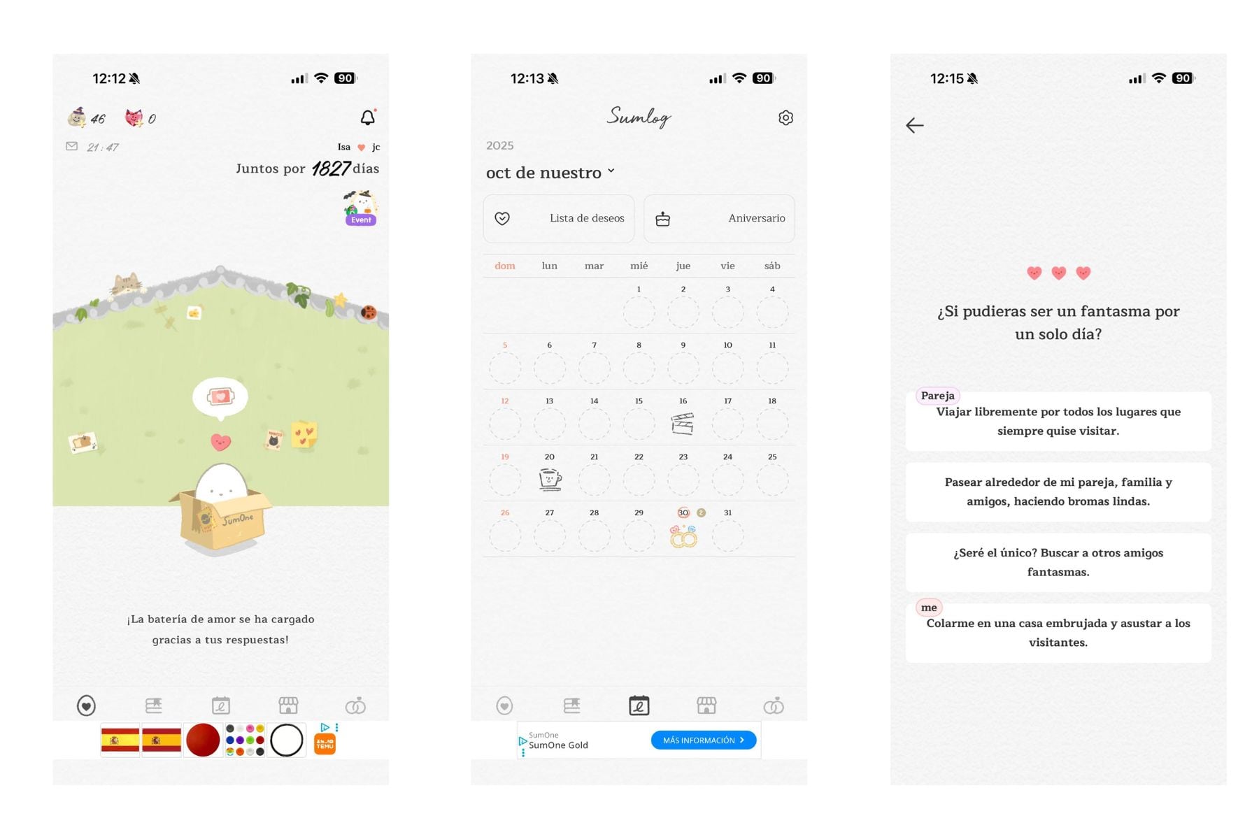 Tamagotchi, calendario y preguntas de la app SumOne.