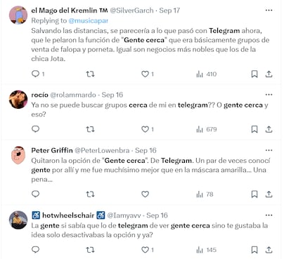 Un grupo de usuarios de X lamentan el cierre de la función "gente cerca" de Telegram.