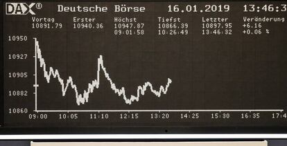 Un panel muestra un gráfico con la evolución del índice DAX 30 en la Bolsa de Fráncfort, Alemania.