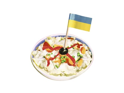 A plate of Russian salad, which is now being called Kiev salad in Spain.