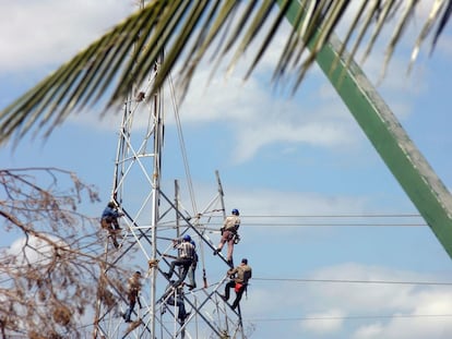 Un grupo de electricistas trabaja en una torre de electricidad en la ciudad de Cancún.