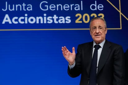 El presidente de ACS, Florentino Pérez, durante la junta de 2023.