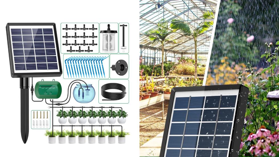 Kit de riego solar por goteo con 12 modos de temporizador.