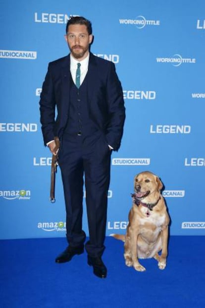 Tom Hardy y su perro Woody acuden juntos al estreno de la peícula 'Legend' en Londres, en 2015.