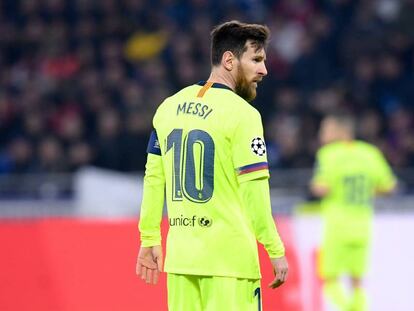Leo Messi, en el encuentro contra el Olympique de Lyon.