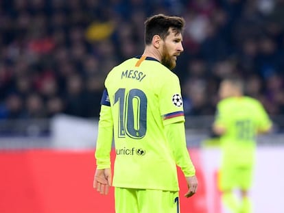 Leo Messi, en el encuentro contra el Olympique de Lyon.