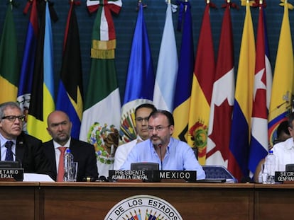 Aspecto de la 47 Asamblea General de la Organizaci&oacute;n de Estados Americanos (OEA), en Canc&uacute;n.