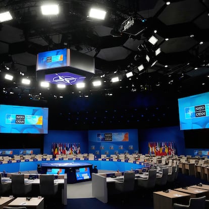 Inside view of the conference hall for the upcoming NATO summit in The Hague, Netherlands, Monday, June 23, 2025. (AP Photo/Matthias Schrader)
