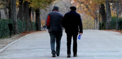 Dos jubilados pasean por el Parque del Retiro en Madrid.