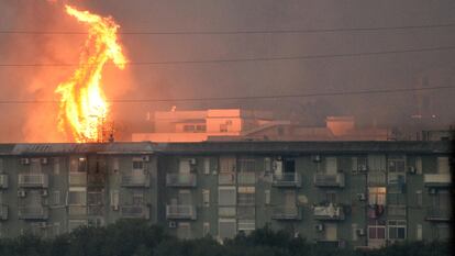 Flames threateningly close to the city of Ciaculli, near Palermo (Italy).
