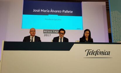 El presidente de Telefónica, José María Álvarez-Pallete, hoy, en la presentación de resultados de 2017.