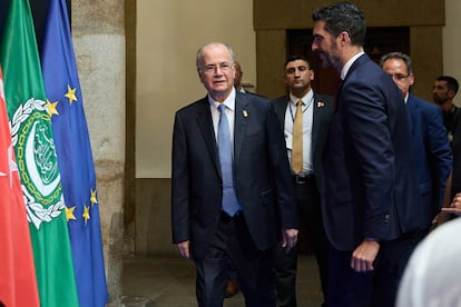 El primer ministro y ministro de Asuntos Exteriores de la Autoridad Palestina, Mohamed Mustafá, este domingo en Madrid.