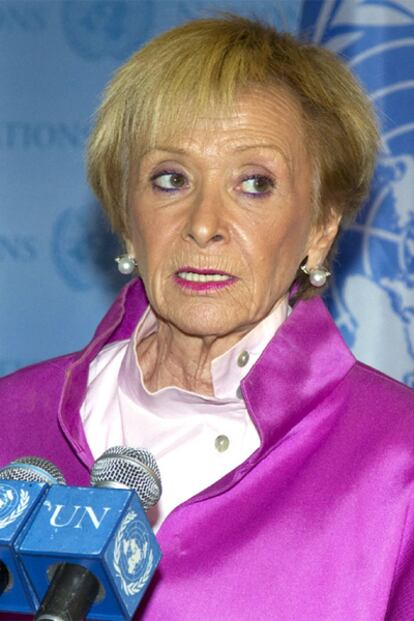 La vicepresidenta primera del Gobierno, María Teresa Fernández de la Vega, durante una rueda de prensa en Nueva York.