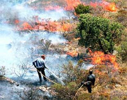 Dos bomberos luchan contra las llamas en el incendio que rodeaba anoche Cadaqués.