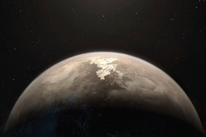 Una ilustración del exoplaneta Ross 128 b, el segundo cuerpo de este tipo más cercano a la tierra, descubierto en noviembre de 2017.