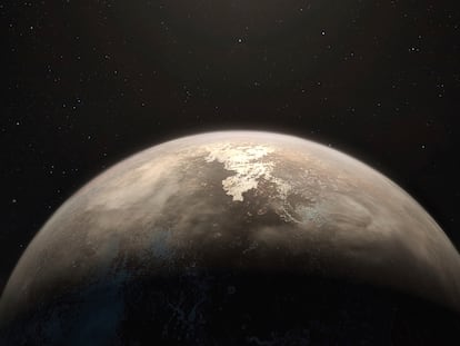 Una ilustración del exoplaneta Ross 128 b, el segundo cuerpo de este tipo más cercano a la tierra, descubierto en noviembre de 2017.