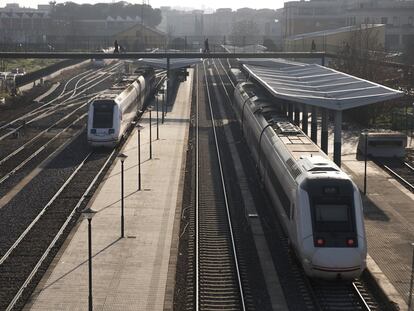 Dos trenes en el andén de la estación de ferrocarril de Badajoz.
