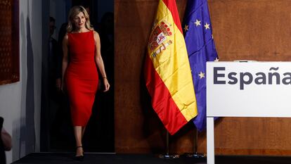 Yolanda Díaz, antes de la firma del acuerdo entre el PSOE y Sumar, este martes en Madrid.