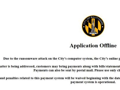 Aviso de la ciudad de Baltimore en el que se advierte de que el portal de pagos no está operativo por el ataque 'ransomware' al sistema informático.
