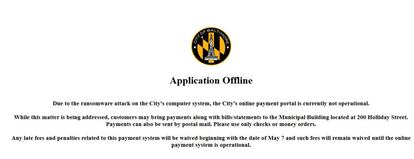 Aviso de la ciudad de Baltimore en el que se advierte de que el portal de pagos no está operativo por el ataque 'ransomware' al sistema informático.