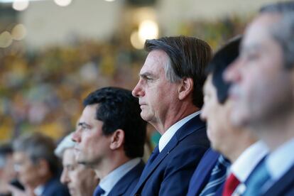 Presidente da República, Jair Bolsonaro, e o ministro da Justiça, Sergio Moro, durante a final da Copa América 2019.