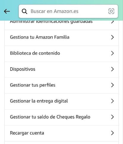 Dispositivos en la app de Amazon