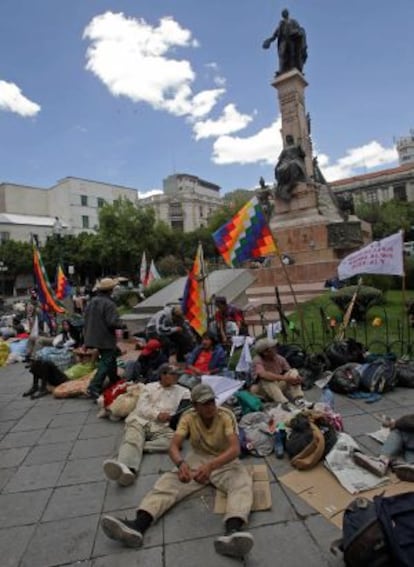 Los indígenas que protestan contra Morales, acampados en la plaza Murillo de La Paz.