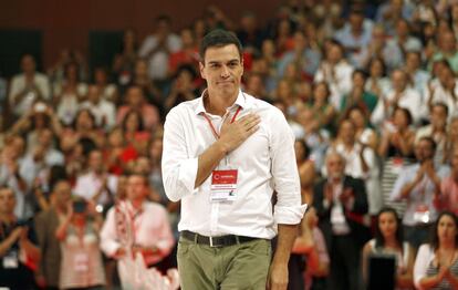 Pedro Sánchez, en el XXXIX Congreso Federal Extraordinario del PSOE celebrado en el hotel Auditorium de Madrid en el que Sánchez fue elegido nuevo secretario general, el 26 de julio de 2014.