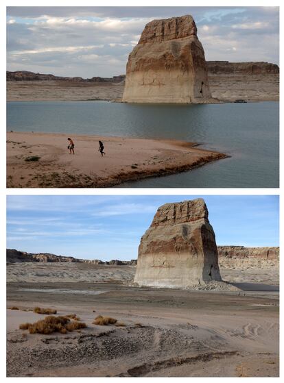Un área del lago Powell, en Utah, que solía estar bajo el agua ahora está completamente seca. El nivel hídrico en este embalse ha caído a un 25%, el más bajo desde que se creó al represar el río Colorado en 1963.